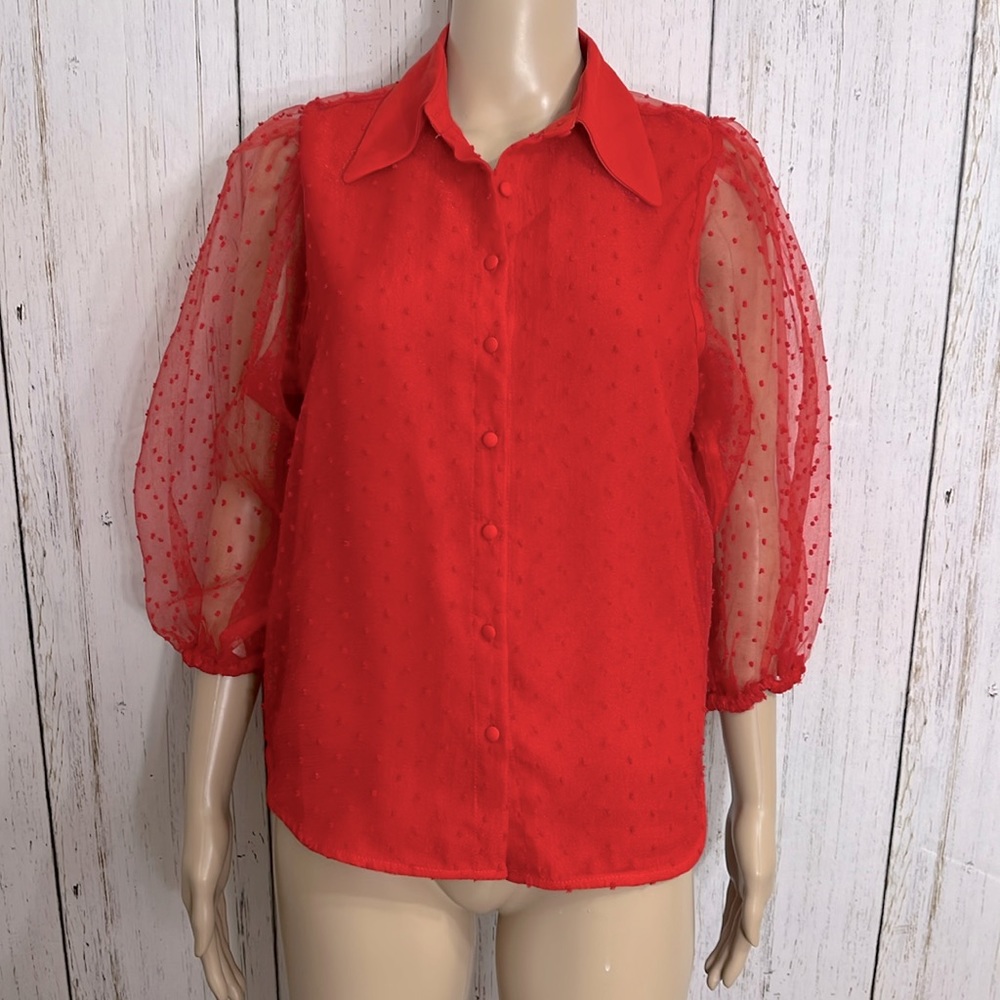 Vine & Love Red Swiss Polka Dot Puffy 3/4 Sleeve Top Size Small